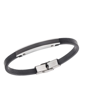 Βραχιόλι Senza Men's Steel, Βlack Leather Strap, με ασημί & μαύρη ταυτότητα - SSD5820SBK