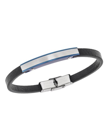 Βραχιόλι Senza Men's Steel, Βlack Leather Strap, με ασημί & μπλε ταυτότητα - SSD5820SBL