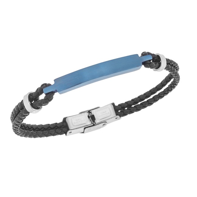 Βραχιόλι Senza Men's Steel, Βlack Leather Strap, με μπλε ταυτότητα - SSD5822SBL