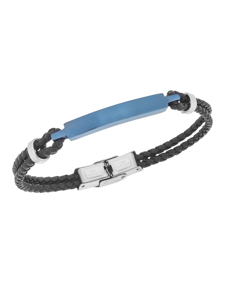 Βραχιόλι Senza Men's Steel, Βlack Leather Strap, με μπλε ταυτότητα - SSD5822SBL