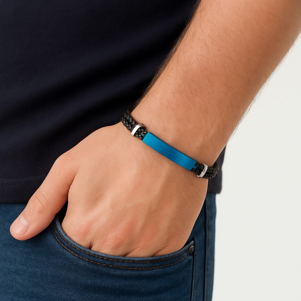 Βραχιόλι Senza Men's Steel, Βlack Leather Strap, με μπλε ταυτότητα - SSD5822SBL