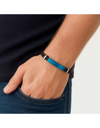 Βραχιόλι Senza Men's Steel, Βlack Leather Strap, με μπλε ταυτότητα - SSD5822SBL