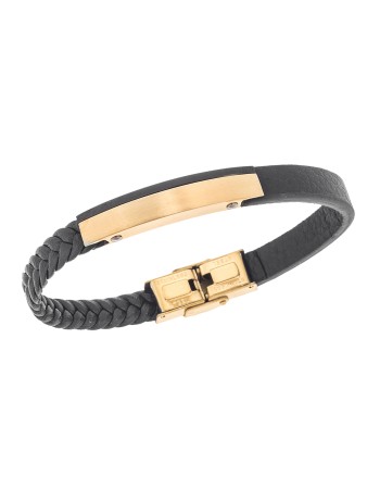 Βραχιόλι Senza Men's Steel, Βlack Leather Strap, με χρυσή ταυτότητα - SSD5823GD