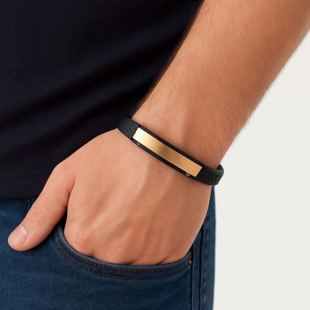 Βραχιόλι Senza Men's Steel, Βlack Leather Strap, με χρυσή ταυτότητα - SSD5823GD