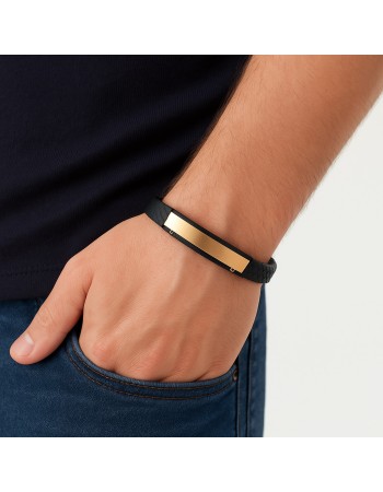 Βραχιόλι Senza Men's Steel, Βlack Leather Strap, με χρυσή ταυτότητα - SSD5823GD