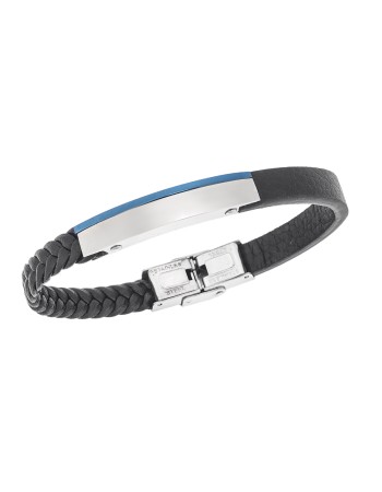 Βραχιόλι Senza Men's Steel, Βlack Leather Strap, με μπλε & ασημί ταυτότητα - SSD5823SBL