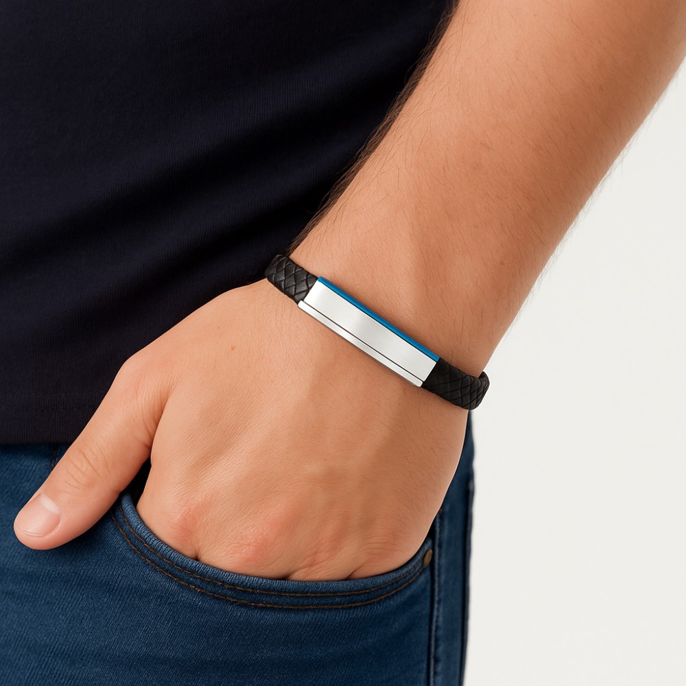 Βραχιόλι Senza Men's Steel, Βlack Leather Strap, με μπλε & ασημί ταυτότητα - SSD5823SBL