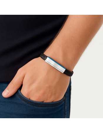 Βραχιόλι Senza Men's Steel, Βlack Leather Strap, με μπλε & ασημί ταυτότητα - SSD5823SBL