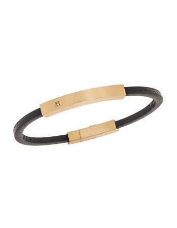 Βραχιόλι Senza Men's Steel, Βlack Leather Strap, με χρυσή ταυτότητα και πέτρα - SSD5824GD