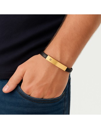 Βραχιόλι Senza Men's Steel, Βlack Leather Strap, με χρυσή ταυτότητα και πέτρα - SSD5824GD