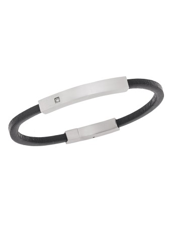 Βραχιόλι Senza Men's Steel, Βlack Leather Strap, με ασημί ταυτότητα και πέτρα - SSD5824SR