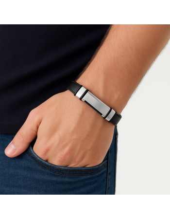 Βραχιόλι Senza Men's Steel, Βlack Leather Strap, με ασημί ταυτότητα - SSD5826SR