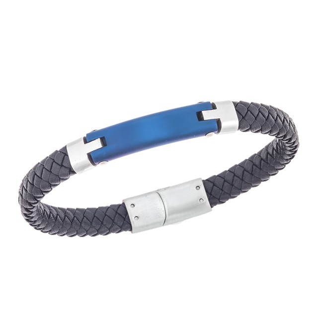 Βραχιόλι Senza Men's Steel, Βlack Leather Strap, με μπλε ταυτότητα - SSD5827SBL