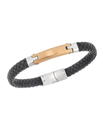 Βραχιόλι Senza Men's Steel, Βlack Leather Strap, με χρυσή ταυτότητα - SSD5827SGD