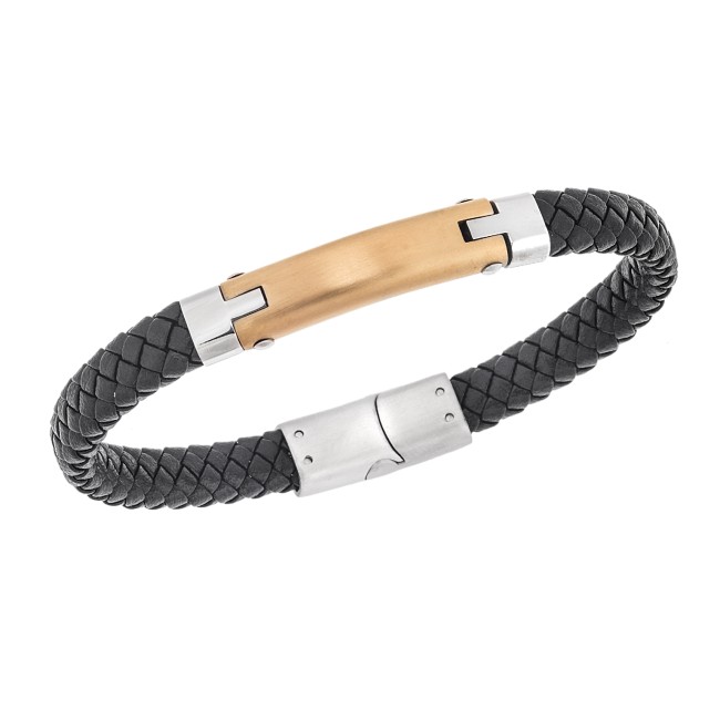 Βραχιόλι Senza Men's Steel, Βlack Leather Strap, με χρυσή ταυτότητα - SSD5827SGD