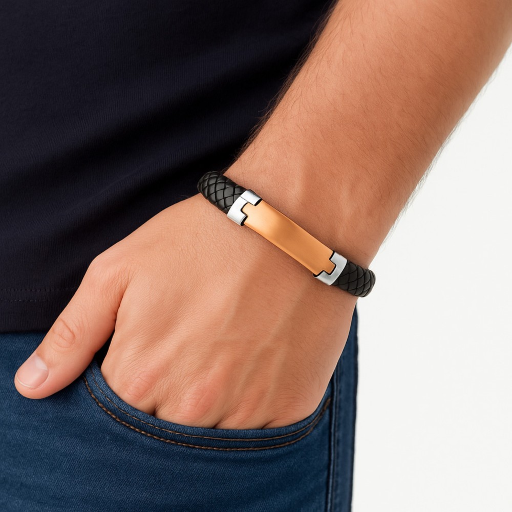 Βραχιόλι Senza Men's Steel, Βlack Leather Strap, με χρυσή ταυτότητα - SSD5827SGD