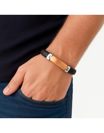 Βραχιόλι Senza Men's Steel, Βlack Leather Strap, με χρυσή ταυτότητα - SSD5827SGD