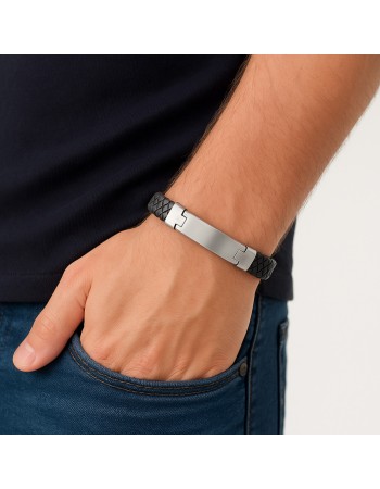 Βραχιόλι Senza Men's Steel, Βlack Leather Strap, με μαύρη ταυτότητα - SSD5827SR