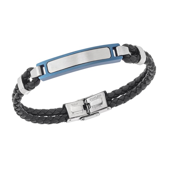 Βραχιόλι διπλό Senza Men's Steel, Black Leather Strap, με δίχρωμη ταυτότητα - SSD5831SBL