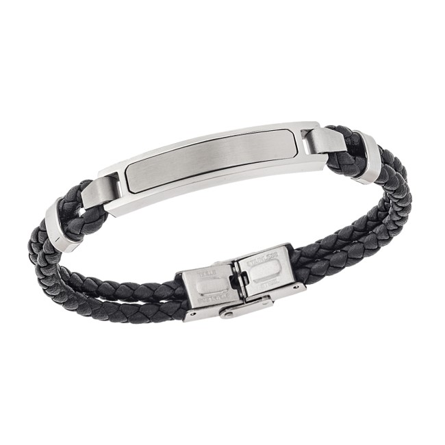 Βραχιόλι διπλό Senza Men's Steel, Black Leather Strap, με ασημί ταυτότητα - SSD5831SR