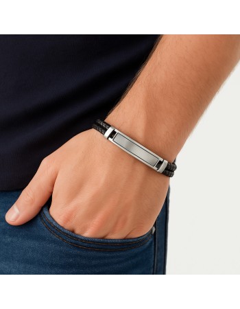 Βραχιόλι διπλό Senza Men's Steel, Black Leather Strap, με ασημί ταυτότητα - SSD5831SR