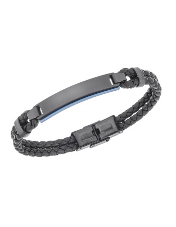 Βραχιόλι διπλό Senza Men's Steel, Black Leather Strap, με δίχρωμη ταυτότητα - SSD5832BBL