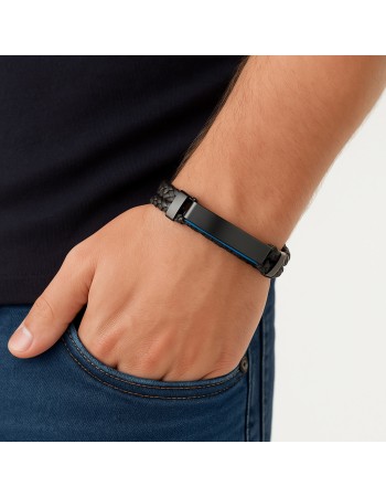 Βραχιόλι διπλό Senza Men's Steel, Black Leather Strap, με δίχρωμη ταυτότητα - SSD5832BBL