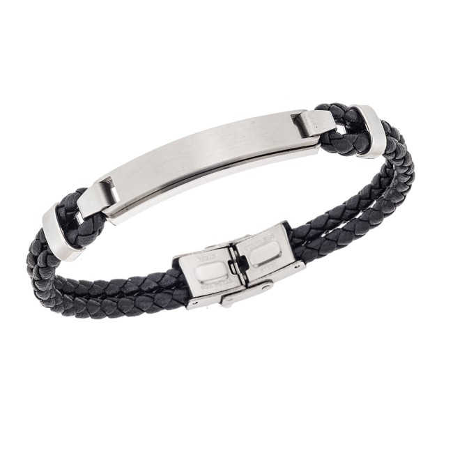 Βραχιόλι διπλό Senza Men's Steel, Black Leather Strap, με ασημί ταυτότητα - SSD5832SR