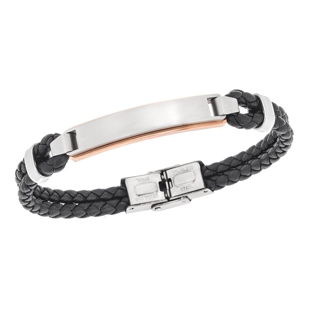 Βραχιόλι διπλό Senza Men's Steel, Black Leather Strap, με δίχρωμη ταυτότητα - SSD5832SRG