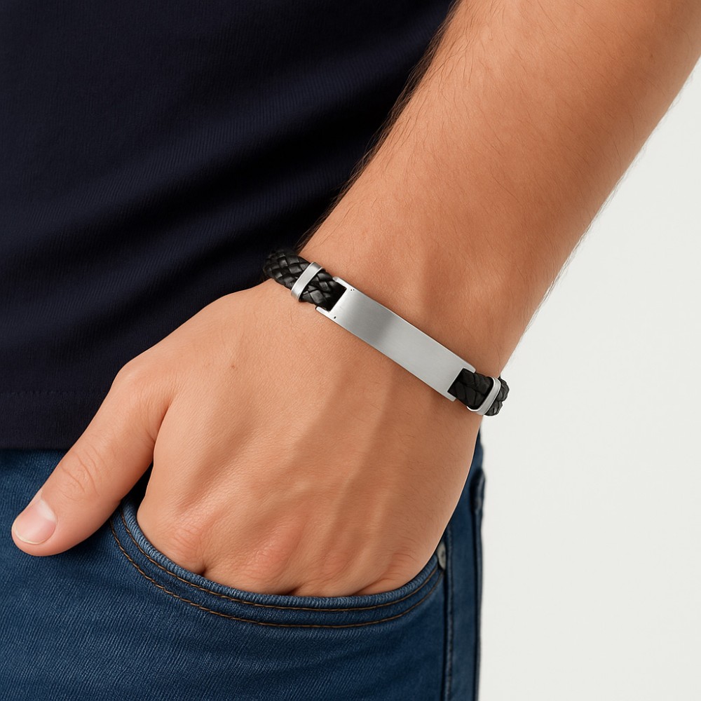 Βραχιόλι διπλό Senza Men's Steel, Black Leather Strap, με ασημί ταυτότητα - SSD5832SR