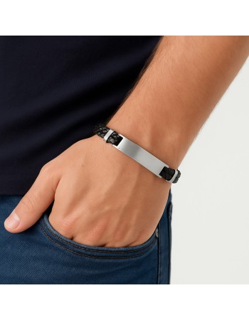 Βραχιόλι διπλό Senza Men's Steel, Black Leather Strap, με ασημί ταυτότητα - SSD5832SR