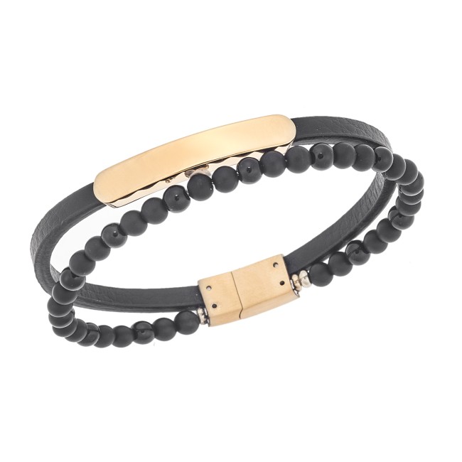 Βραχιόλι διπλό Senza Men's Gold Plated Steel, Black Leather Strap, με χρυσή ταυτότητα - SSD5833GD