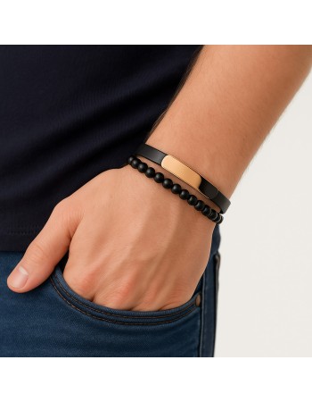 Βραχιόλι διπλό Senza Men's Gold Plated Steel, Black Leather Strap, με χρυσή ταυτότητα - SSD5833GD