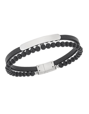 Βραχιόλι διπλό Senza Men's Steel, Black Leather Strap, με ασημί ταυτότητα - SSD5833SR