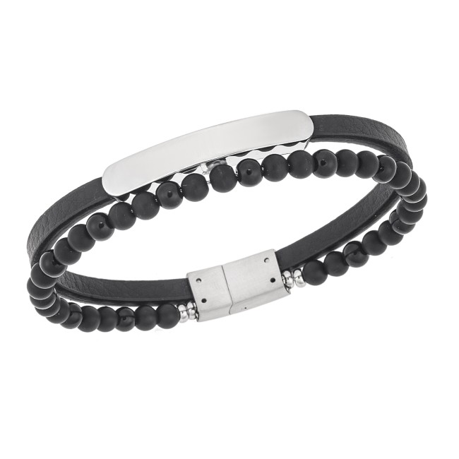 Βραχιόλι διπλό Senza Men's Steel, Black Leather Strap, με ασημί ταυτότητα - SSD5833SR