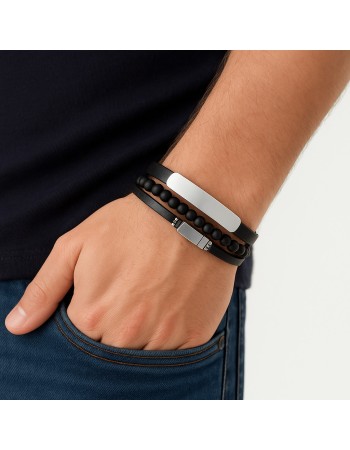 Βραχιόλι διπλό Senza Men's Steel, Black Leather Strap, με ασημί ταυτότητα - SSD5833SR
