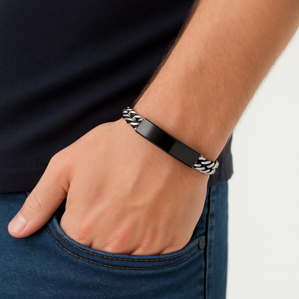 Βραχιόλι Senza Men's Steel, με μαύρη ταυτότητα - SSD5835SBK