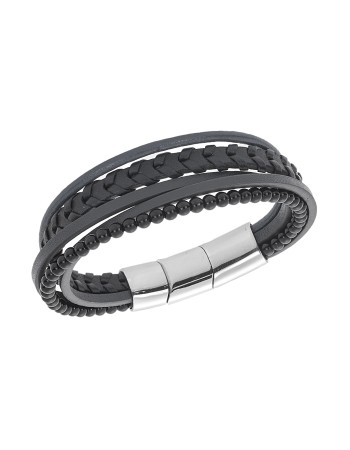 Βραχιόλι Senza Men's Steel Black Leather Strap - SSD5981SBK