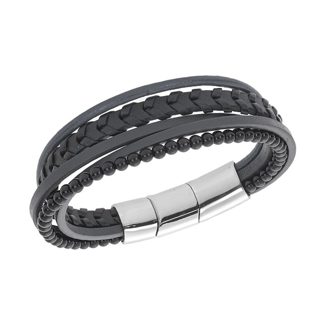 Βραχιόλι Senza Men's Steel Black Leather Strap - SSD5981SBK