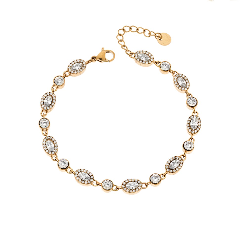 Βραχιόλι Γυναικείο SENZA Stainless Steel Gold Plated , ριβιέρα με οβάλ και στρογγυλές πέτρες - SSD6013GD