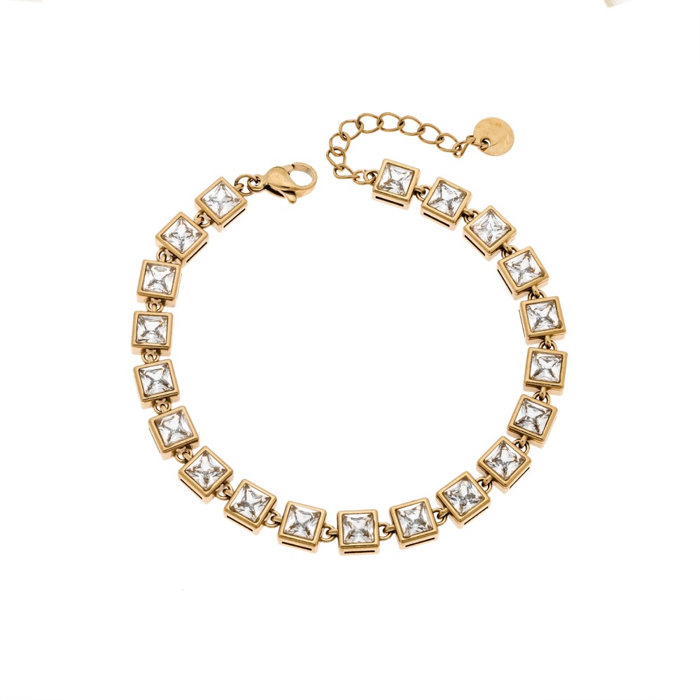 Βραχιόλι Γυναικείο SENZA Stainless Steel Gold Plated , ριβιέρα με τετράγωνες πέτρες - SSD6016GD
