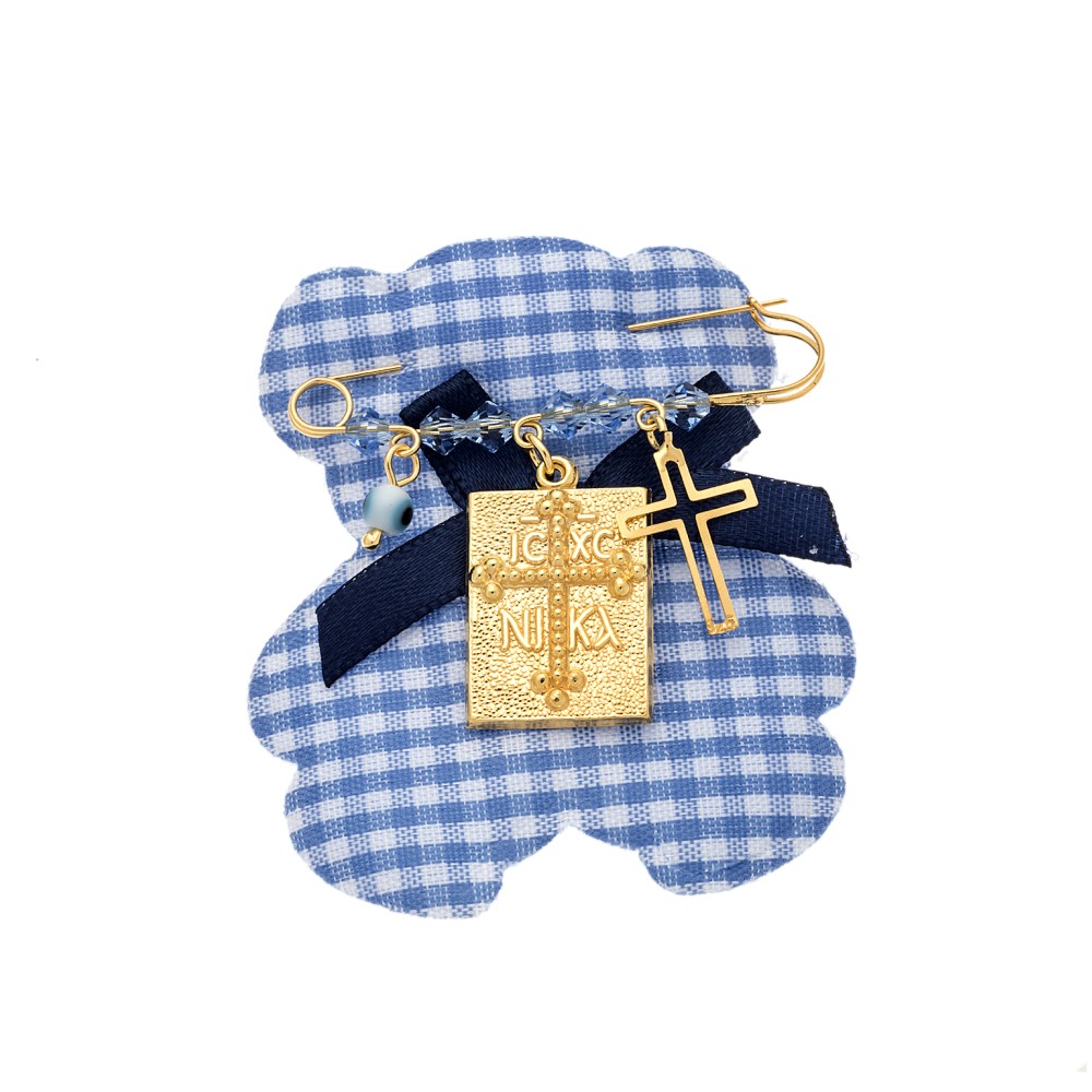 Παραμάνα SENZA κίτρινο επιχρυσωμένο ασήμι 925, τετράγωνο κωνσταντινάτο, σταυρός, ματάκι και πέτρες - SSE0002BL