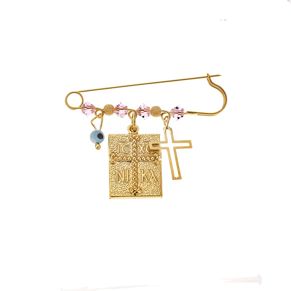 Παραμάνα SENZA κίτρινο επιχρυσωμένο ασήμι 925, τετράγωνο κωνσταντινάτο, σταυρός, ματάκι και πέτρες - SSE0002PK