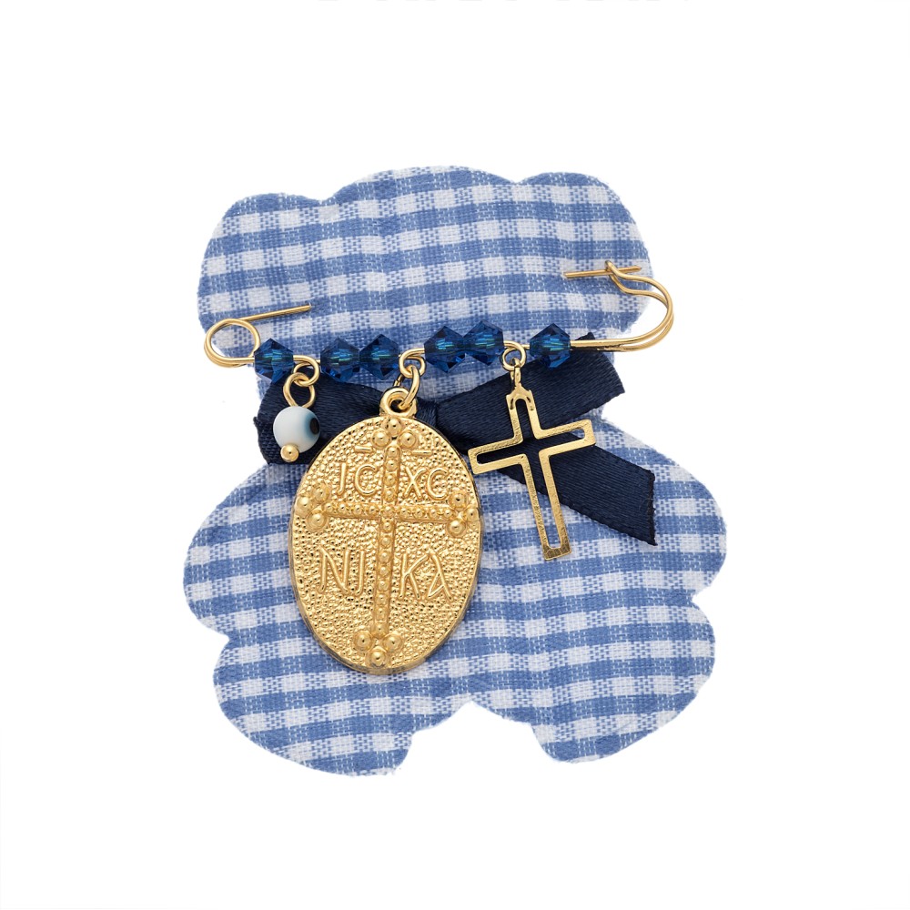 Παραμάνα SENZA κίτρινο επιχρυσωμένο ασήμι 925, οβάλ κωνσταντινάτο, σταυρός, ματάκι και πέτρες - SSE0003BL