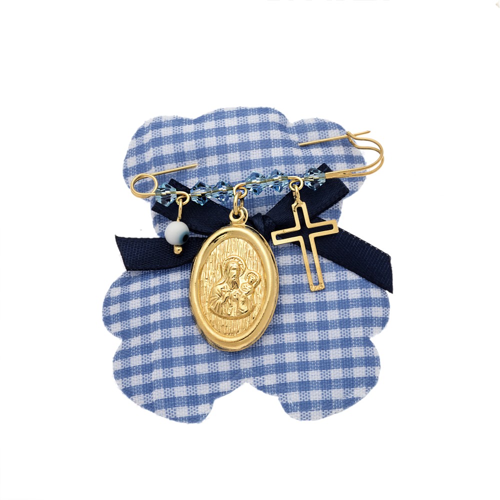 Παραμάνα SENZA κίτρινο επιχρυσωμένο ασήμι 925, οβάλ Παναγίτσα, σταυρός, ματάκι και πέτρες - SSE0004BL