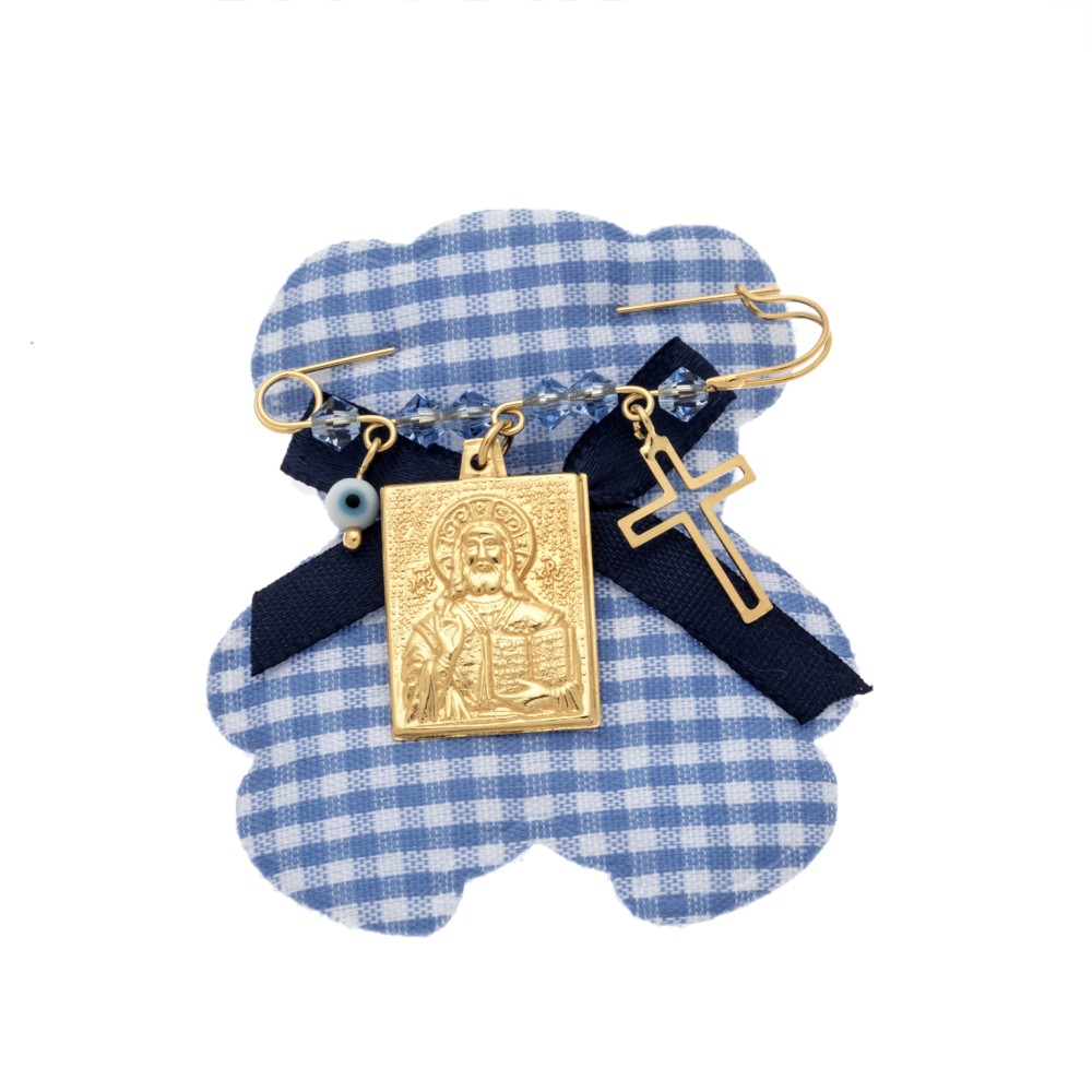 Παραμάνα SENZA κίτρινο επιχρυσωμένο ασήμι 925, Χριστός, σταυρός, ματάκι και πέτρες - SSE0013BL