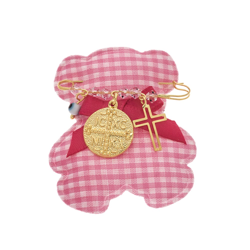 Παραμάνα SENZA κίτρινο επιχρυσωμένο ασήμι 925, στρογγυλό κωνσταντινάτο, σταυρός, ματάκι και πέτρες - SSE0016PK