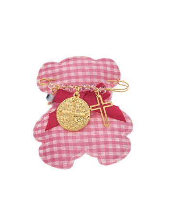 Παραμάνα SENZA κίτρινο επιχρυσωμένο ασήμι 925, στρογγυλό κωνσταντινάτο, σταυρός, ματάκι και πέτρες - SSE0016PK