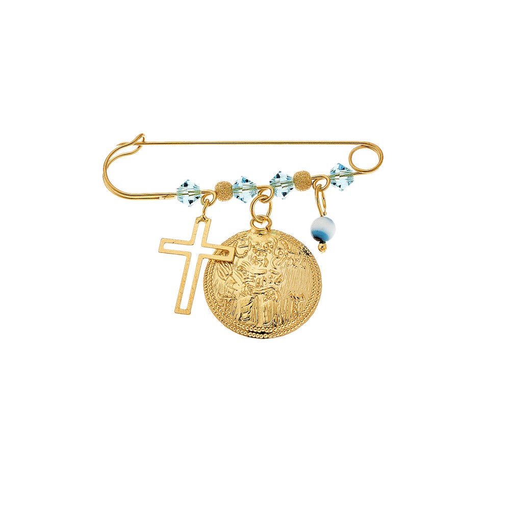 Παραμάνα SENZA κίτρινο επιχρυσωμένο ασήμι 925, στρογγυλό Κωνσταντινάτο, σταυρός, ματάκι και πέτρες - SSE0026-1BL