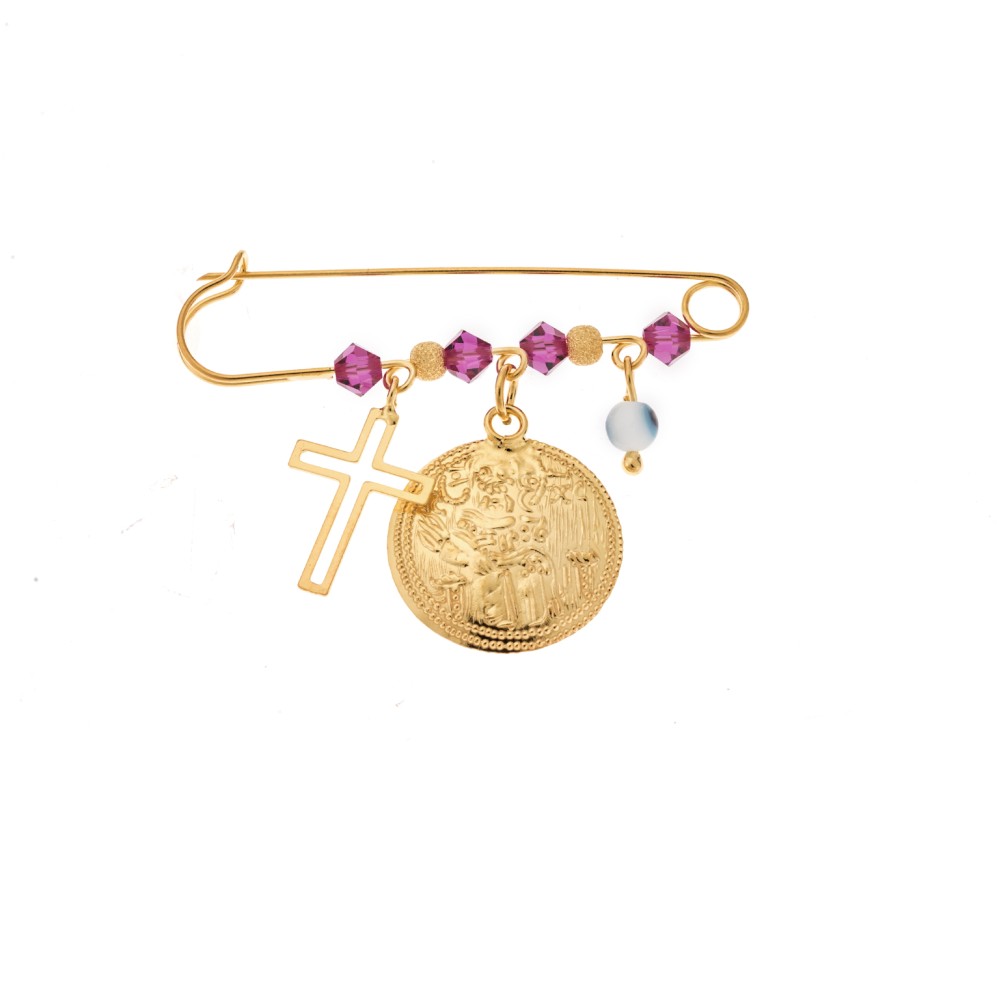 Παραμάνα SENZA κίτρινο επιχρυσωμένο ασήμι 925, στρογγυλό Κωνσταντινάτο, σταυρός, ματάκι και πέτρες - SSE0026-1FU